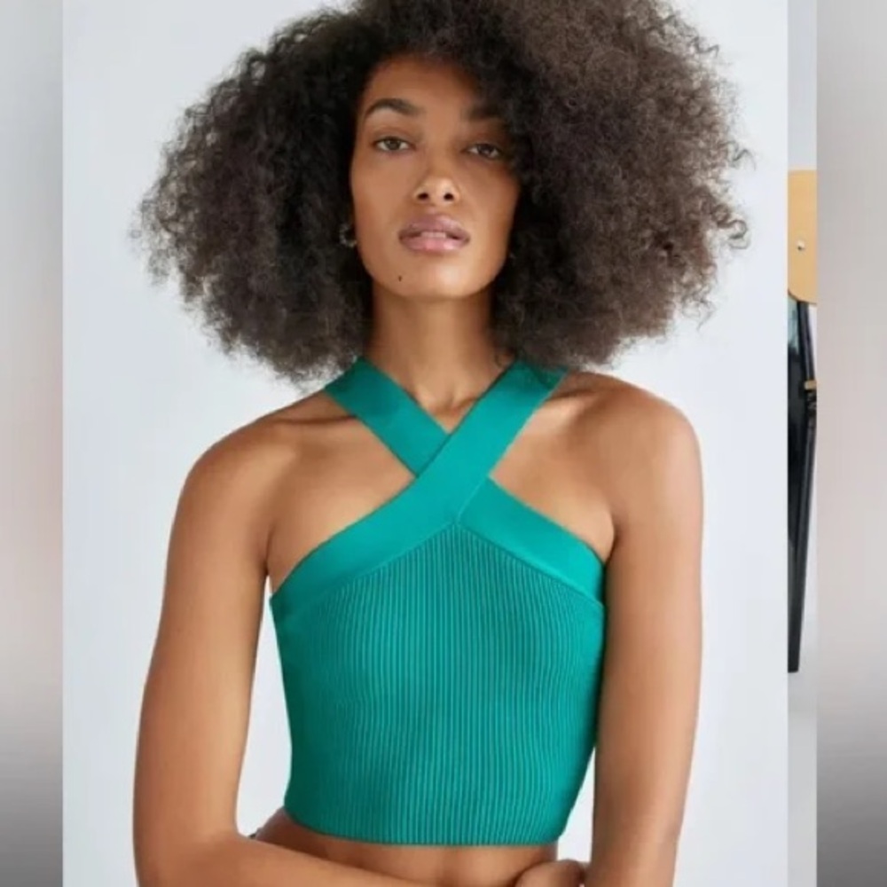 Babaton Teal Cross-Strap Ribbed Crop Top